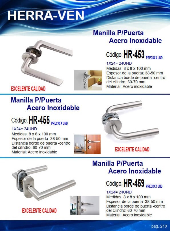 MANILLA P/PUERTA ACERO INOX - ESPESOR 3,8 A 5CM - CILINDRO 6