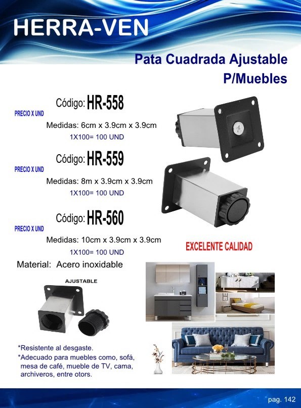PATA CUADRADA AJUSTABLE P/MUEBLES - 6 X 3,9X3,9XCM