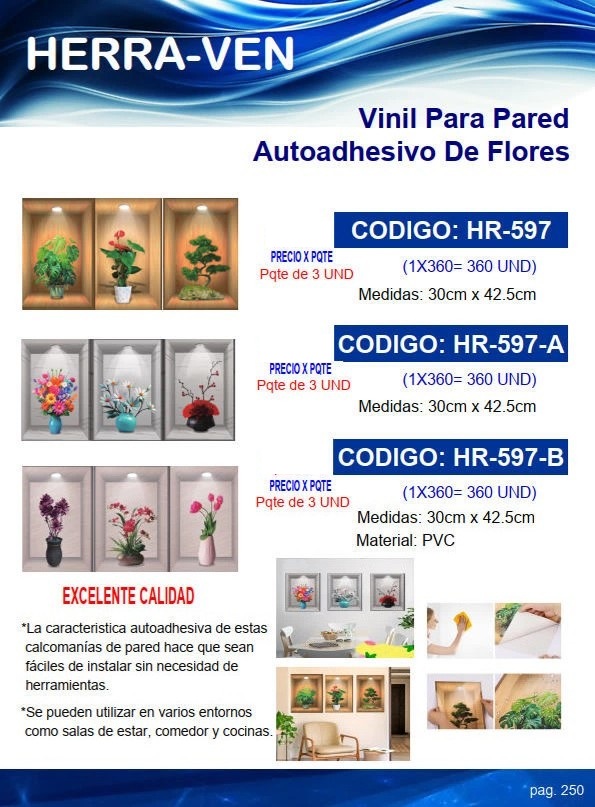 VINIL P/PARED AUTOADHESIVO DE FLORES (3UND) PVC - 30X42CM