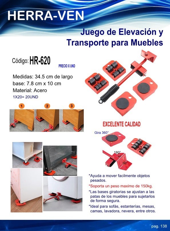 JUEGO ELEVACION Y TRANSPORTE P/MUEBLES MAX 150KG ACERO