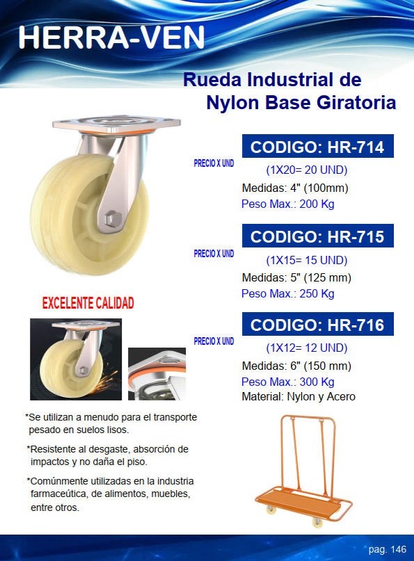 RUEDA INDUST NYLON Y ACERO BASE GIRATORIA 5" - MAX 250KG
