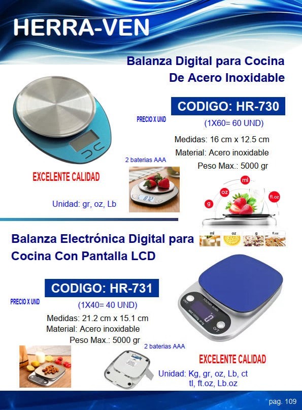 BALANZA ELECTRONICA LCD P/COCINA - ACERO INOX - MAX 5000 GR 