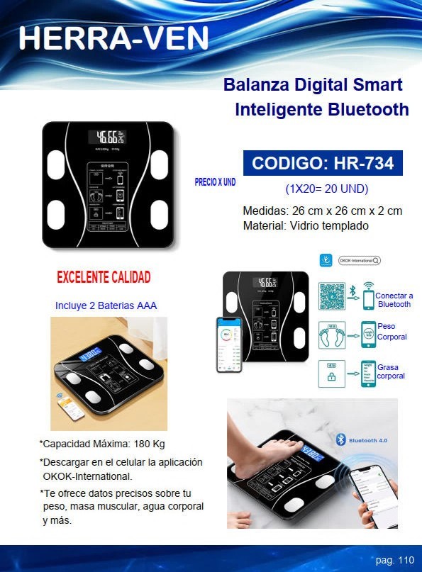 BALANZA DIGITAL SMART BLUETOOTH CUADR - APP - MAX 180KG - PE