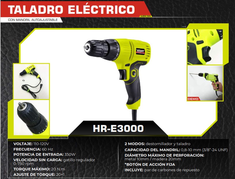 TALADRO ELECTRICO 3/8 - 350W - 110 - 750 rpm - 20 VELOCIDADE