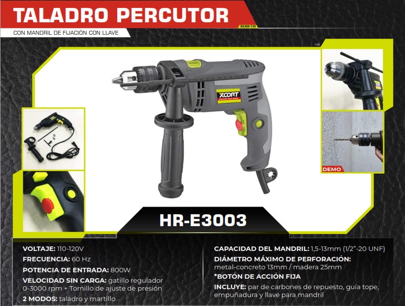 TALADRO ELECTRICO 1/2 - 800W - 110 - 3000 rpm - MARTILLO