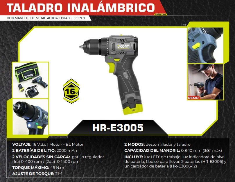 TALADRO DESTOR INALAMB 3/8 - 16VDC - 2000ma - 1400 rpm - TOR