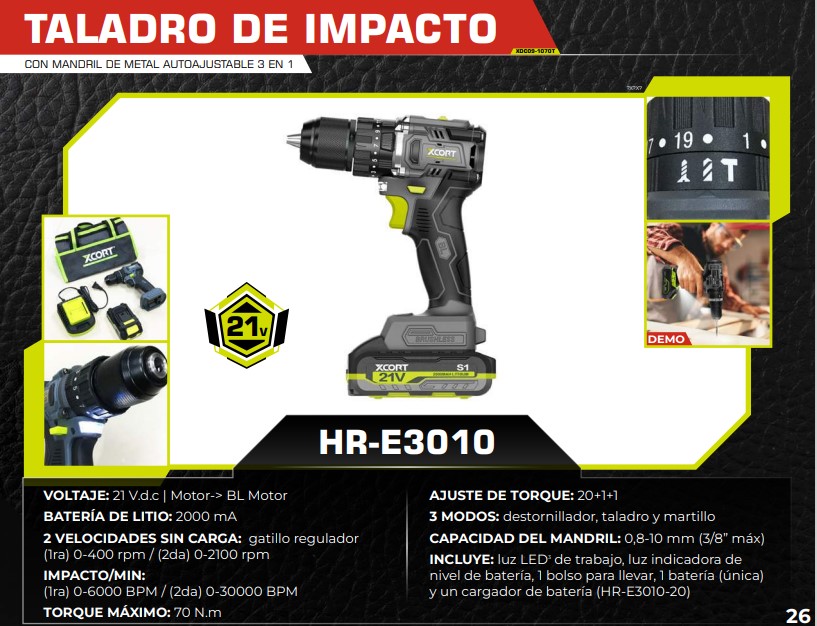 TALADRO IMPACTO 3/8 - 21V - 2000ma- 2100 rpm - TORQUE 21+1+1