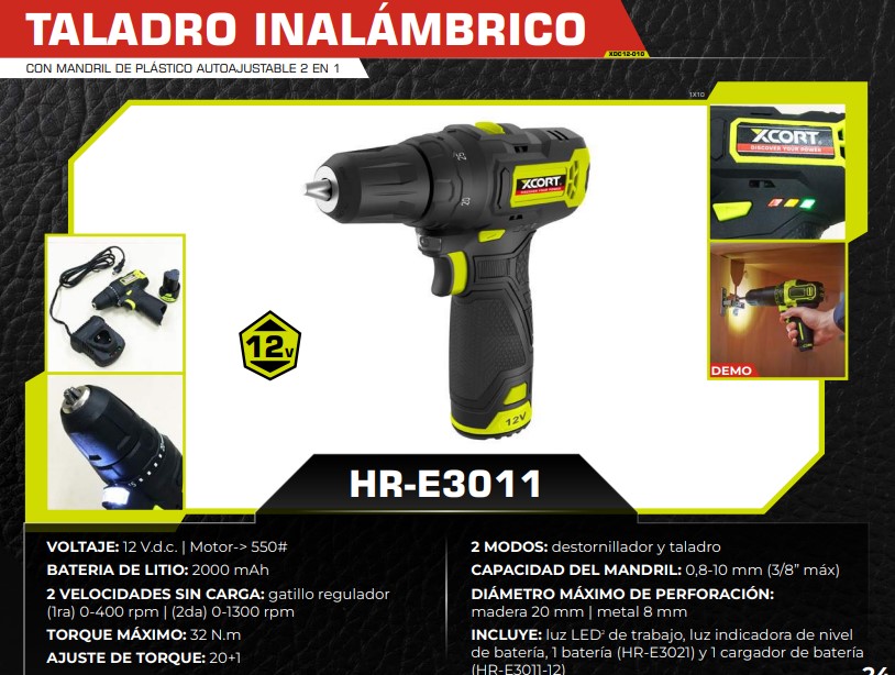 TALADRO  INALAM 3/8 - 12V - 1300 rpm - 2000ma - LUZ TORQUE 2