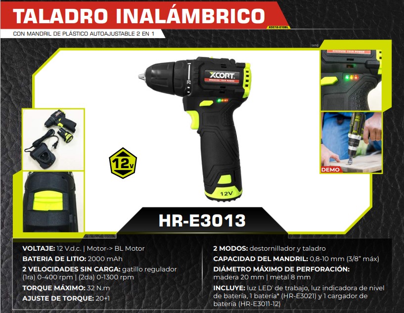 TALADRO  INALAM 3/8 - 12V - 1300 rpm - 2000ma - TORQUE 32NM
