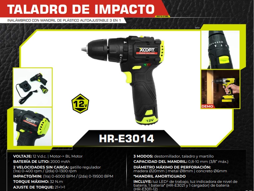 TALADRO IMPACTO 3 EN 1 - 12 V.d.C - litio 2000 mA - 1300 RPM