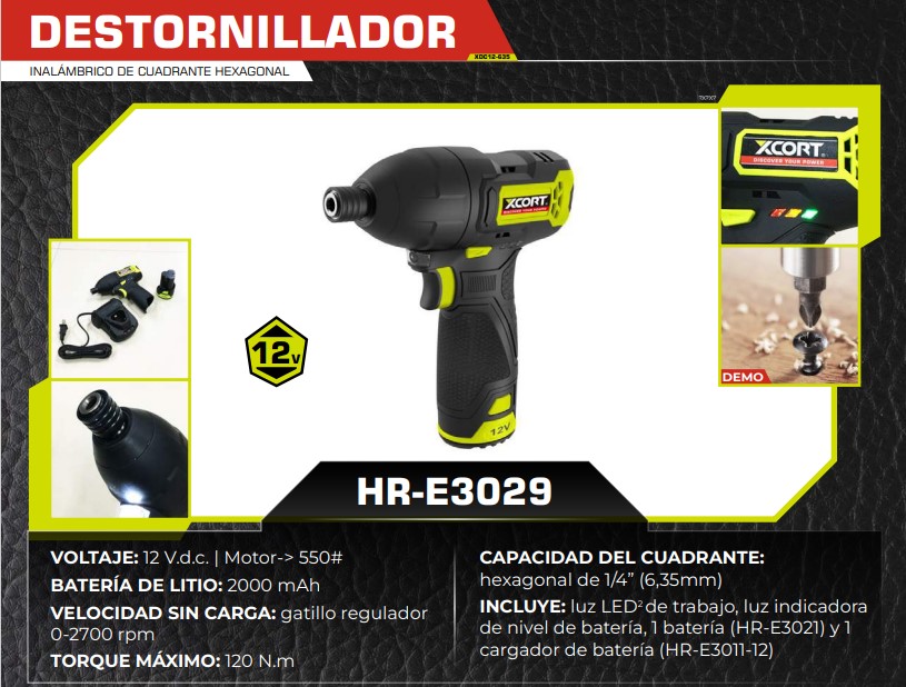 DESTORNILLADOR 1/4" 12V - 2700 rpm - 2000ma - LED INDICAD