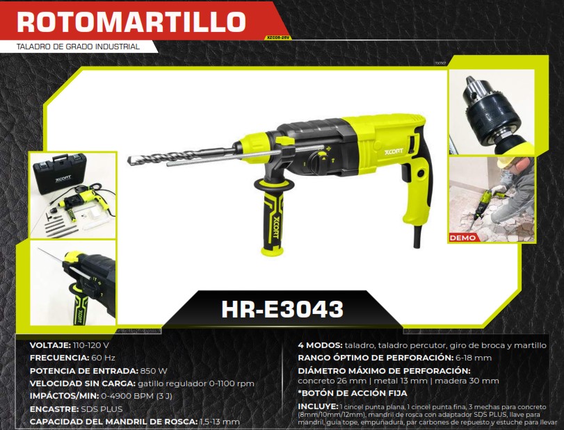ROTOMARTILLO 110V - 850W - 1100 rpm 1/2 (Incluye cinceles - 