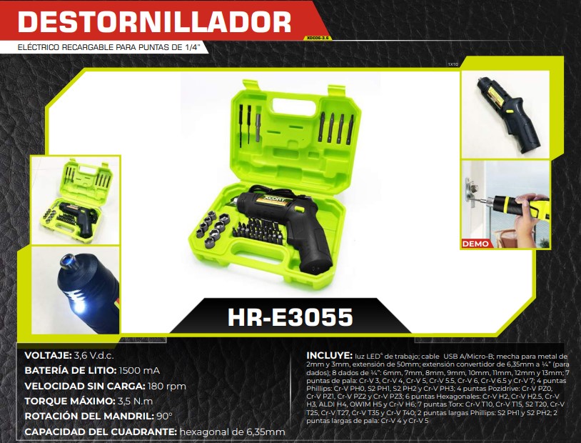 DESTORNILLADOR ELECTRICO RECARGABLE 3,6 V.d.C (100-240v) lit