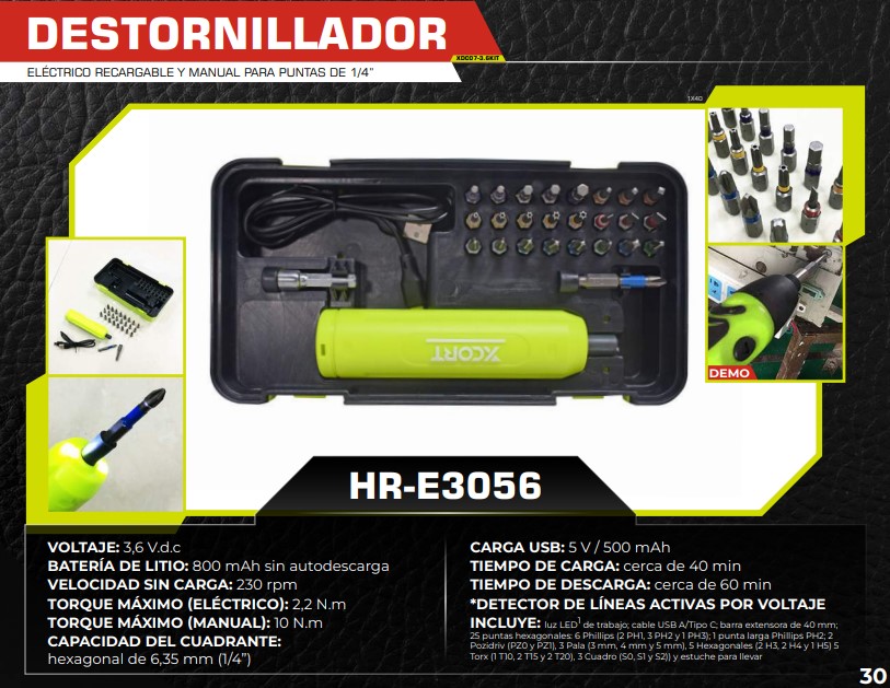JUEGO DESTOR ELECTRICO RECARG MANUAL 1/4¨ FRONTAL 3,6VDC 5VO