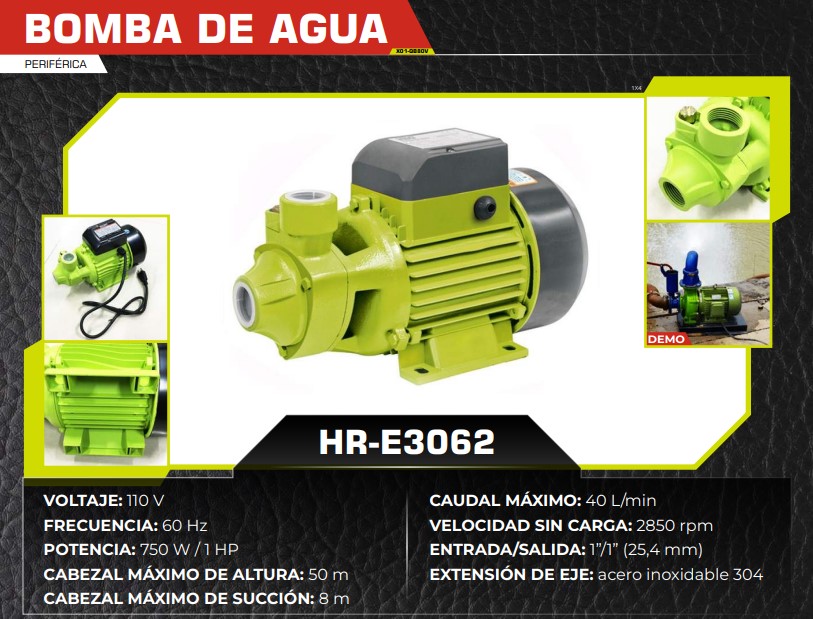 BOMBA DE AGUA 1 HP (110V) 40L/MIN - 2850rpm - 750W