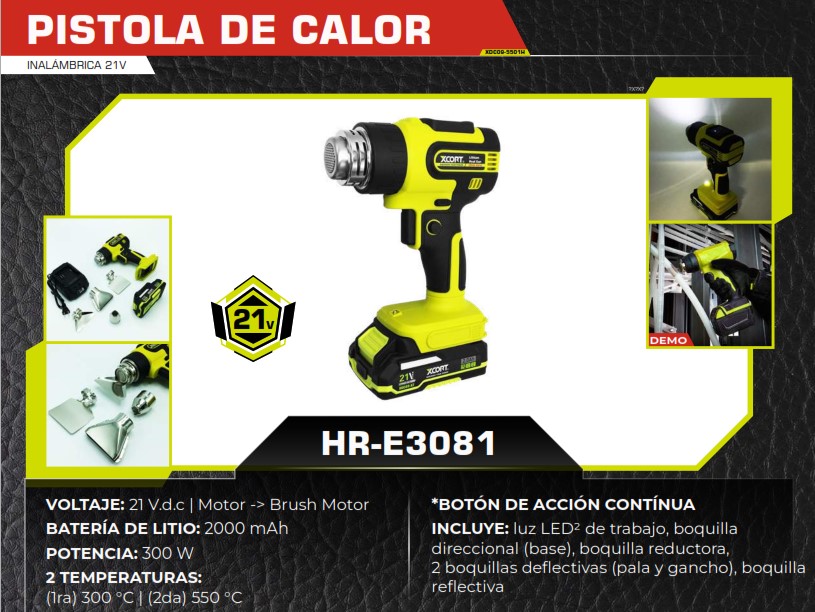 PISTOLA DE CALOR 21V - 300W - 2000maH - MAX 550 GRADOS - LUZ
