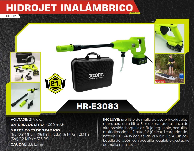 HIDROJET INALAMBRICO 21V -4000MaH - 3,8L/MIN - ACCESORIOS