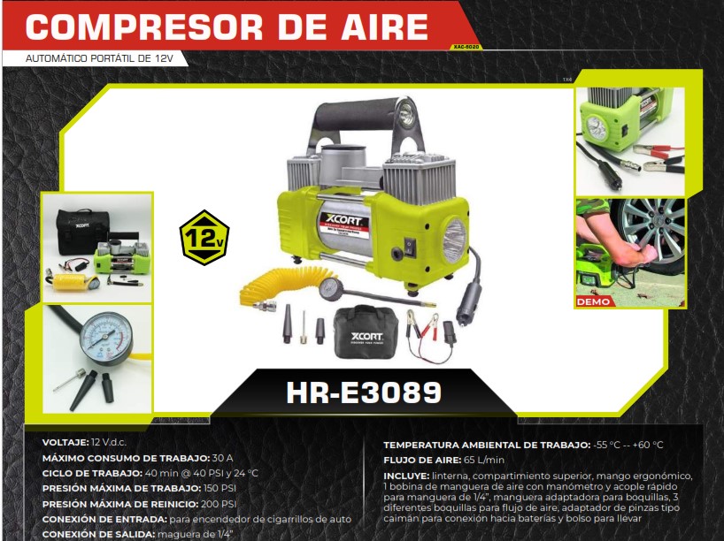 COMPRESOR DE AIRE 12V - 150PSI - 1/4 - CONECTOR AUTO - 65L-M