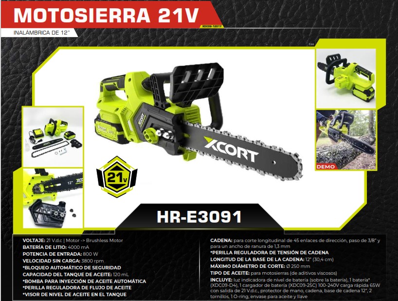 MOTOSIERRA INALAMBRICA 21V - 800W - 3800RPM - 12" - 250MM CO
