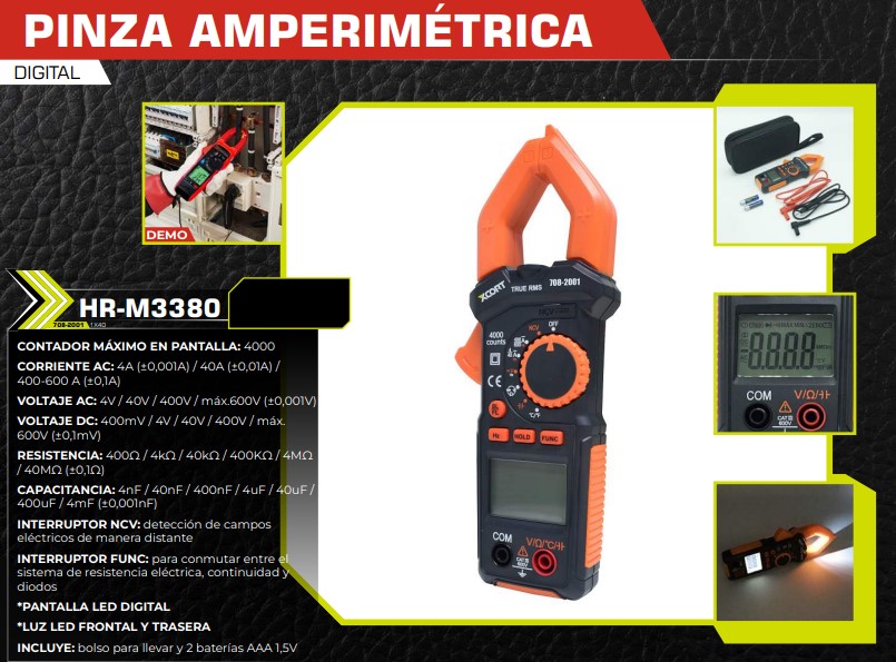 MULTIMETRO PINZA AMPERIMETRICA - BAT AAA - LUZ FRONTAL TRASE