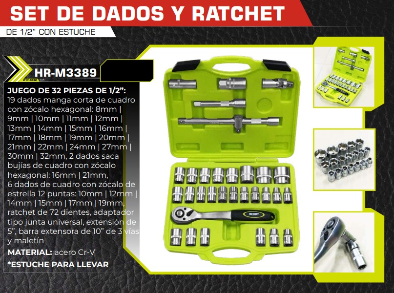 SET DE DADOS CON RATCHET 1/2" CON ESTUCHE (32PZAS)