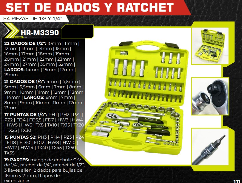 SET DE DADOS Y RATCHET 1/4-1/2 (94PZAS) 22DADOS 1/2 - 21DADO