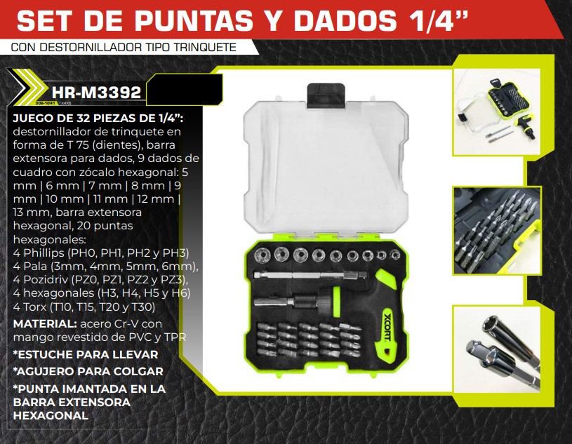 SET PUNTAS Y DADOS 1/4¨ CON DESTORNILLADOR TIPO TRINQUETE