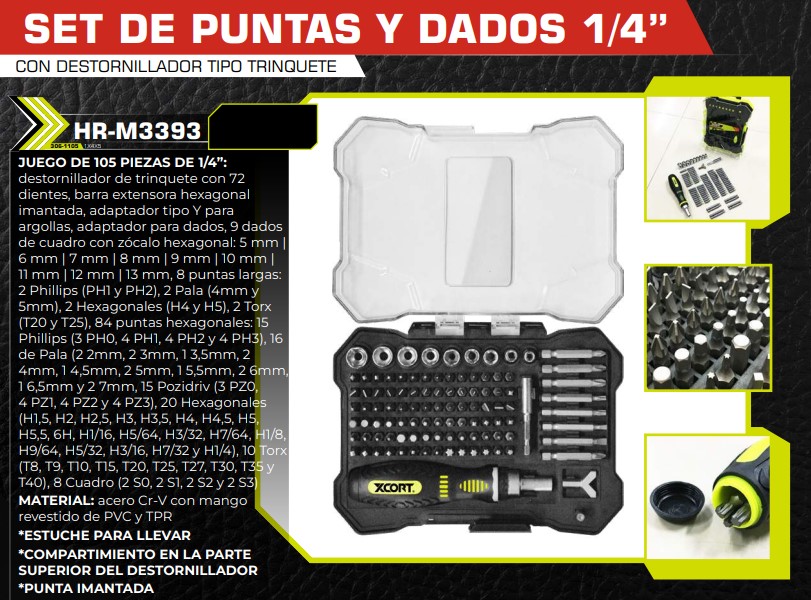 SET PUNTAS Y DADOS 1/4¨ CON DESTORNILLADOR TIPO TRINQUETE