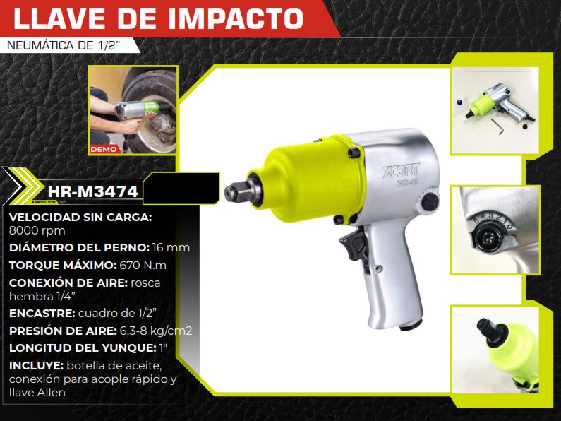 LLAVE IMPACTO NEUMATICA (1/2") 8000 RPM 670 Nm YUNQUE 1" - A
