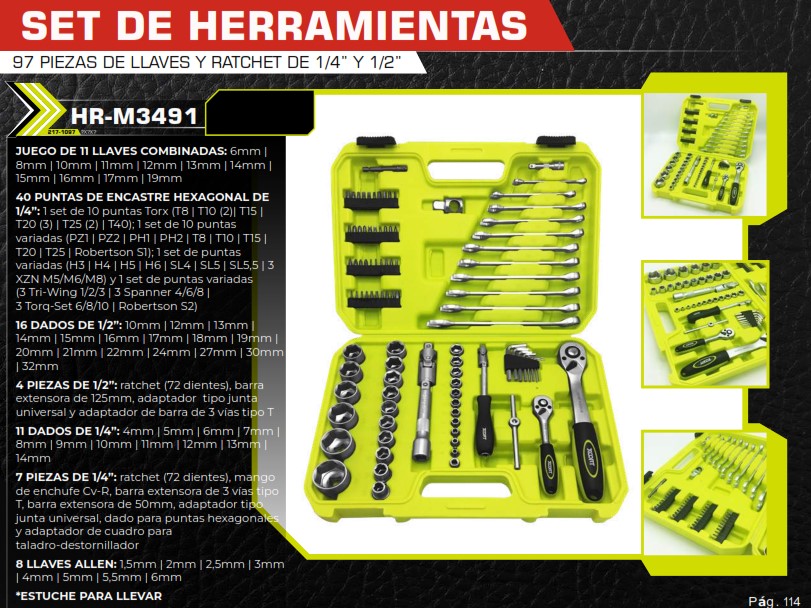 SET HERRAMIENTAS 97 PIEZAS LLAVES Y RATCHE 1/4 Y 1/2