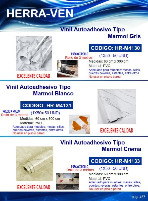 VINIL AUTOADH T/MARMOL CREMA - 60CMX3MT - PVC - NEVERA - MES