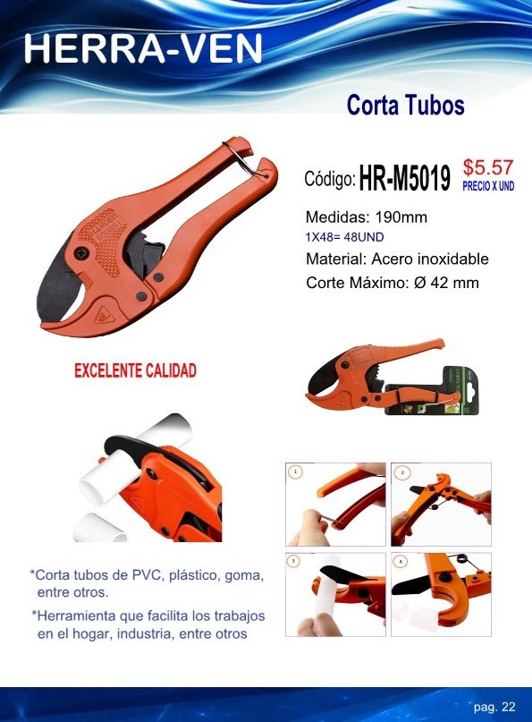 PINZA CORTA TUBOS 19CM - ACERO INOX - MAX 4,2CM