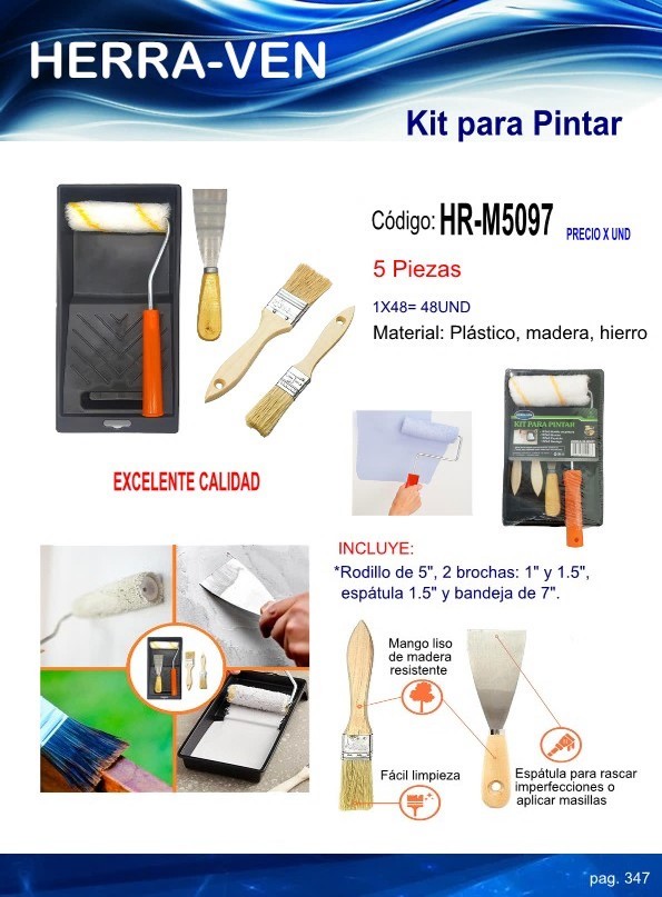 KIT PARA PINTAR 5PZAS (RODILLO 5", BROCHA 1 Y 1,5"- ESPATULA