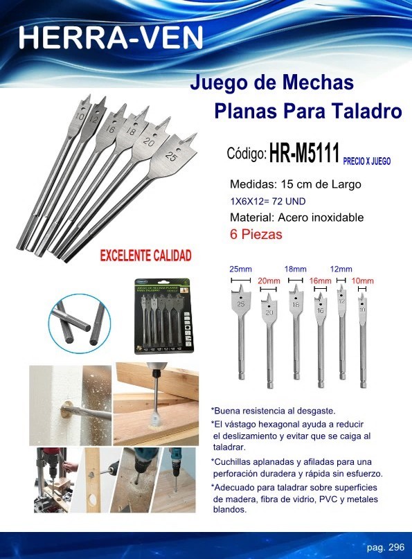 JUEGO DE MECHAS PLANAS P/MADERA - TALADRO (6PZAS)