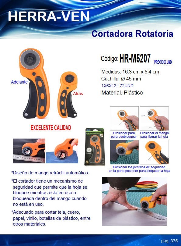 CORTADORA ROTATORIA C/SEGURIDAD  PLAST - 16CM - TELA-CUERO-V