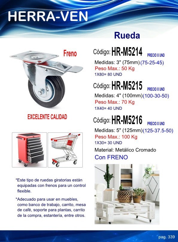 RUEDA GIRAT METAL C/FRENO 5" - HASTA 100KGS