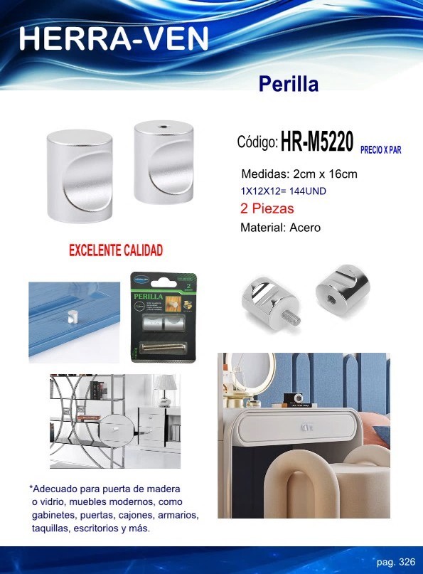 POMO PERILLA CILINDRICA ALUM 2CM (2PZAS)