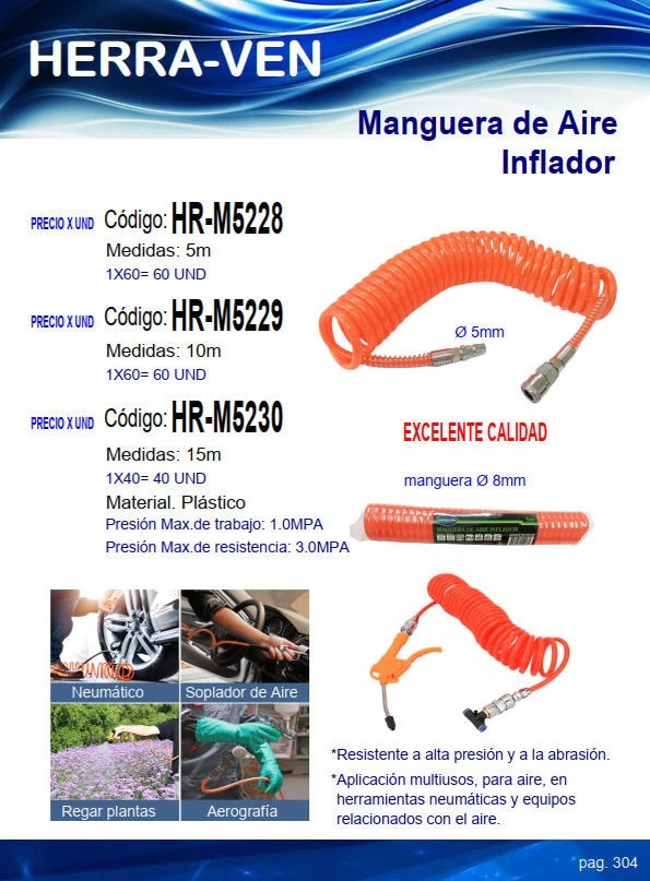 MANGUERA 8MM INFLADOR AIRE 15MTS - 3MPA