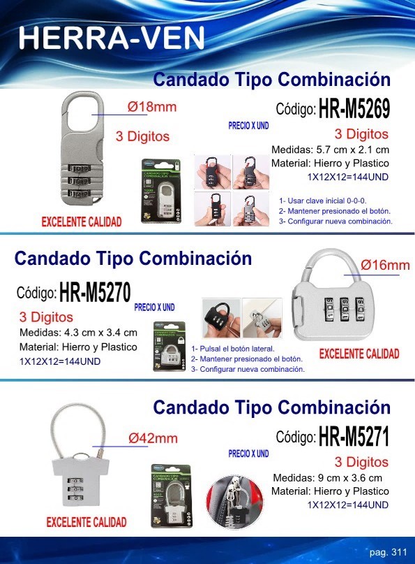 CANDADO T/COMBINACION 3DIG 5,7X2,1CM RECTANGULAR