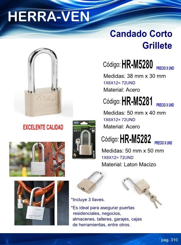 CANDADO LARGO GRILLETE 30mm LATON MACIZO
