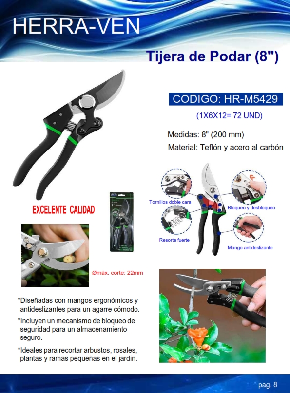 TIJERA PODAR 8" - MAX CORTE 22MM - ACERO Y TEFLON