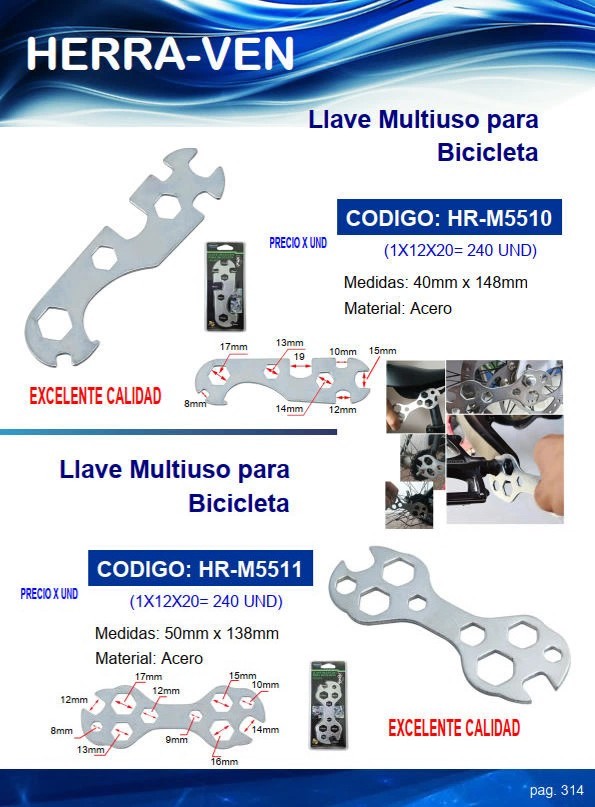 LLAVE MULTIUSO P/BICICLETA 5CMX14CM - ACERO