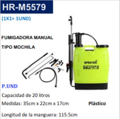 FUMIGADORA MANUAL T/MOCHILA - 20 LTS - 35X22CM - MANG 115CM 