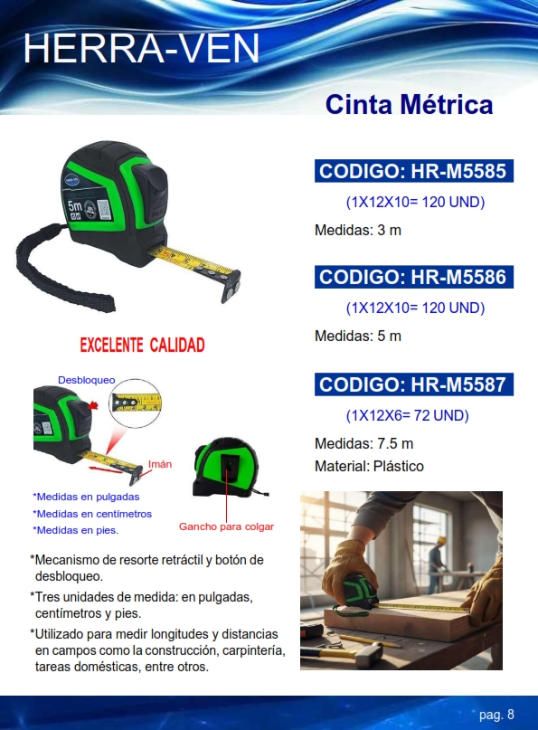 CINTA METRICA 7 MTS - RETRACTIL - GOMA Y PLAST - PULG-CM - F