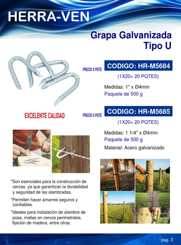 GRAPA GALVANIZADA TIPO U - 1" X 4MM - 500GR