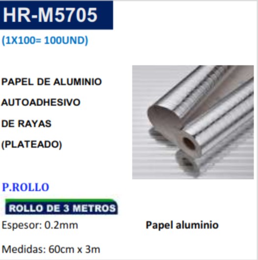 PAPEL ALUMINIO AUTOADHESIVO RAYAS (PLATEADO) - 60CMX3MTS 0,2