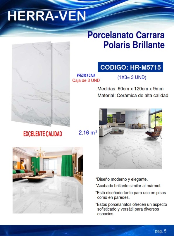 PORCELANAT CARRARA POLARIS BRILLANTE 60X120XCM - 9MM - 2,16M
