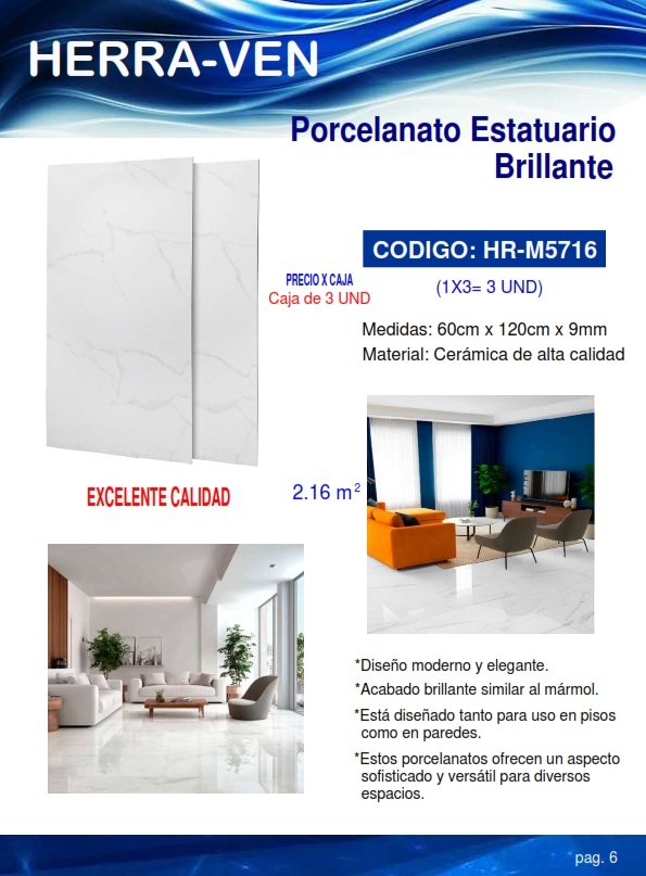 PORCELANAT ESTATUARIO BRILLANTE 60X120XCM - 9MM - 2,16M2 - (