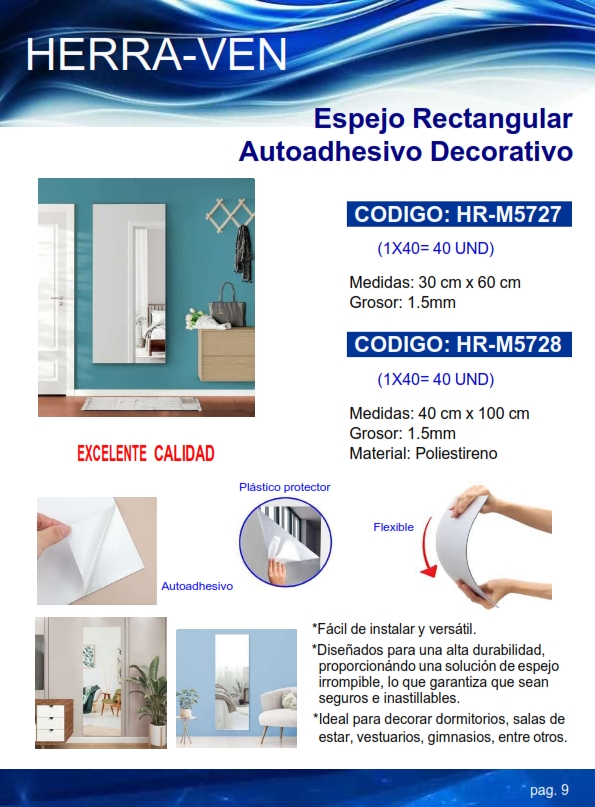 ESPEJO RECTANG AUTOADH FLEX - 30X60CM - 1,5MM - POLIESTIRENO