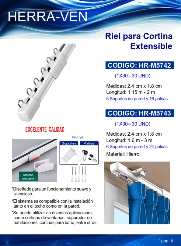 RIEL P/CORTINA EXTENS (1.15-2MTS) 5 SOPORTES + 16 POLEAS - H